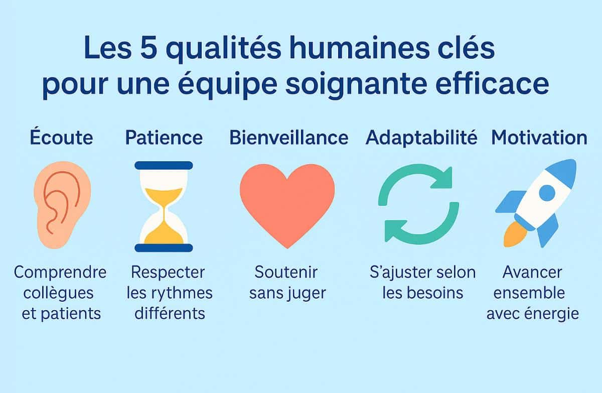 Infographie sur les qualités humaines favorisant le travail d’équipe chez les soignants suisses