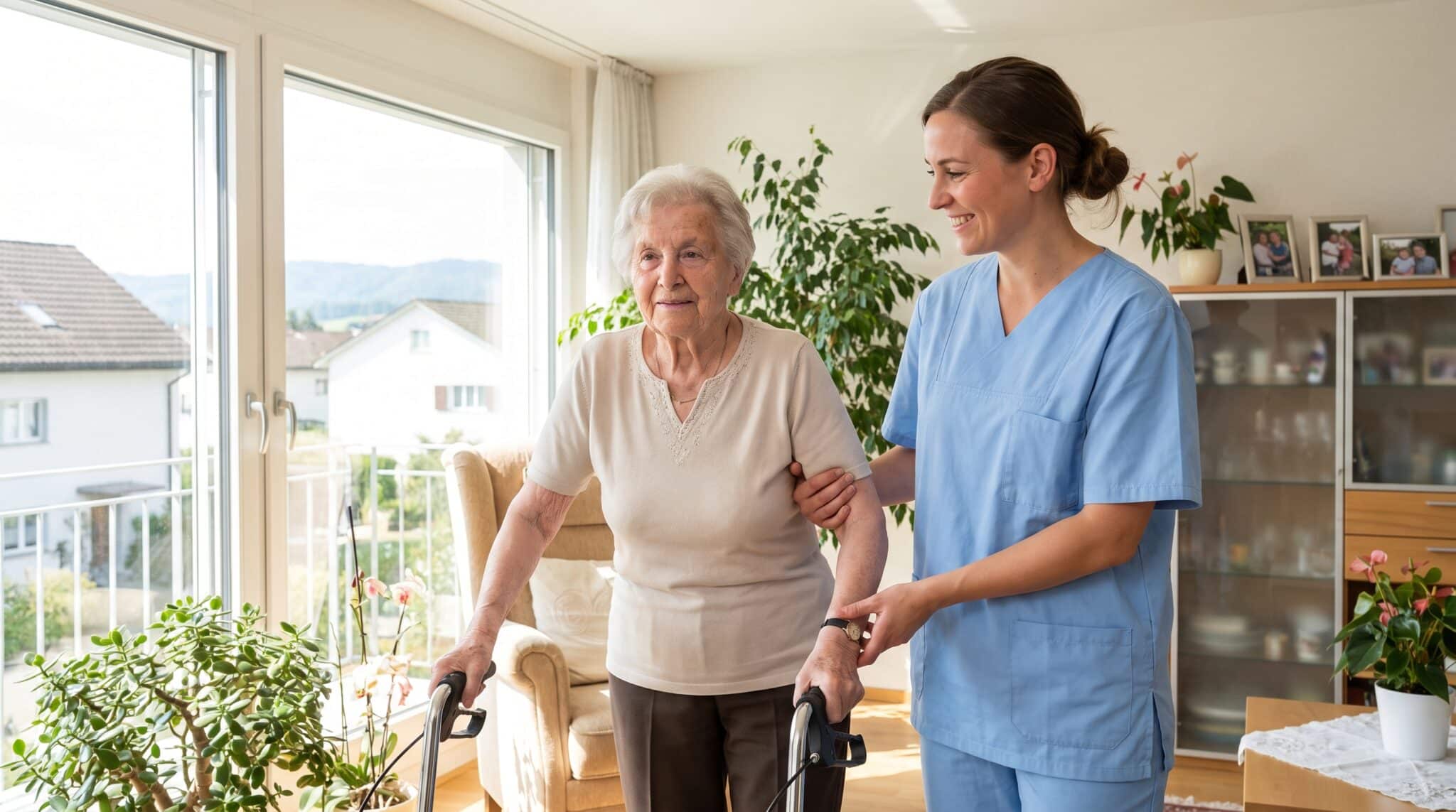 Aide-soignante accompagnant une personne âgée avec un déambulateur dans son appartement, soins à domicile à Lausanne