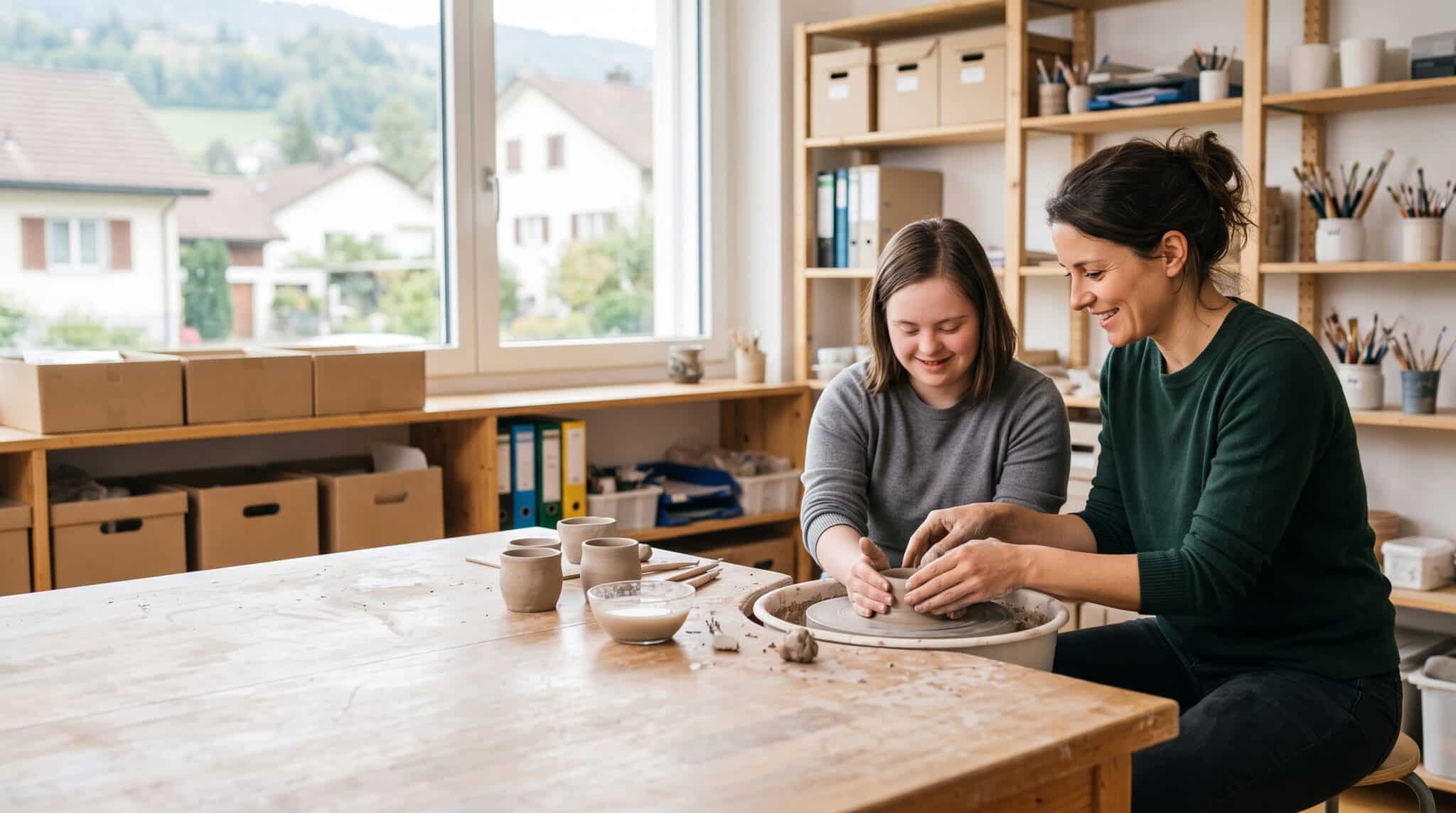 Éducatrice spécialisée accompagnant une jeune adulte à l'atelier poterie d'une institution socio-éducative vaudoise