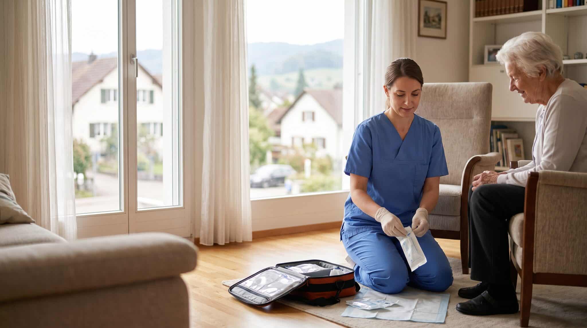 Infirmière préparant un pansement stérile chez une patiente lors d'une tournée de soins à domicile dans le canton de Vaud