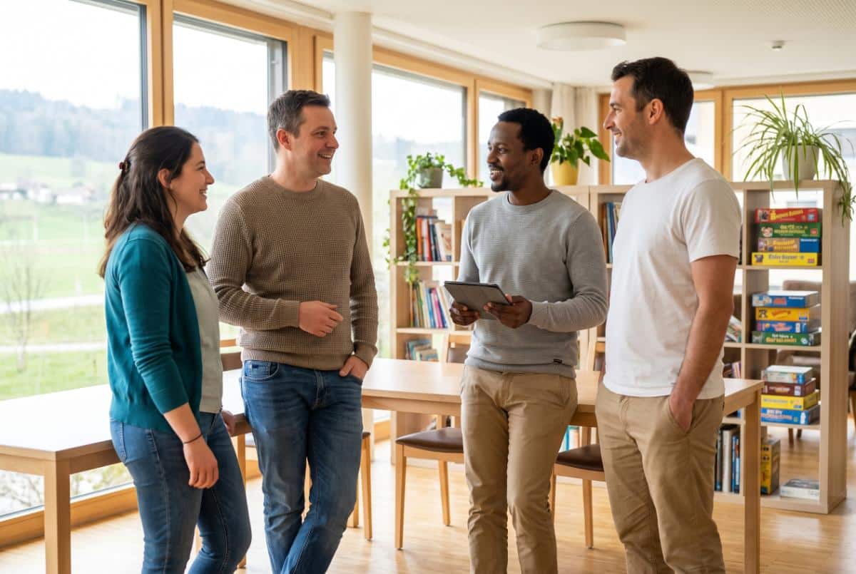 Équipe d'éducateurs sociaux discutant dans la salle commune d'un foyer